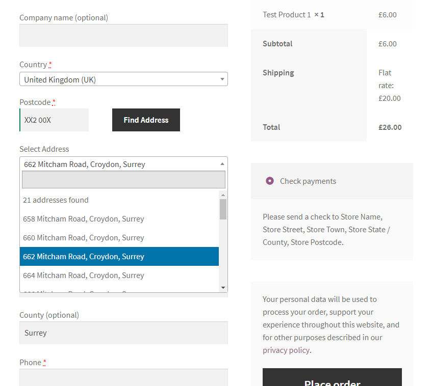 The address selection drop-down menu on display