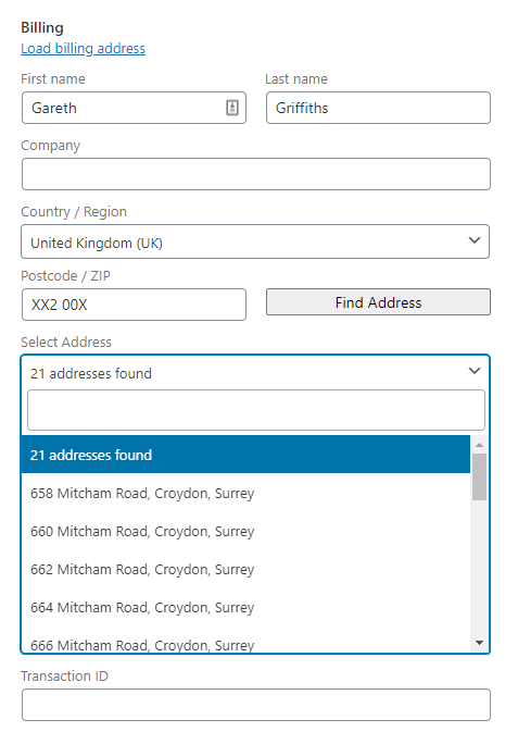 The address lookup feature within the WooCommerce add/edit order screen