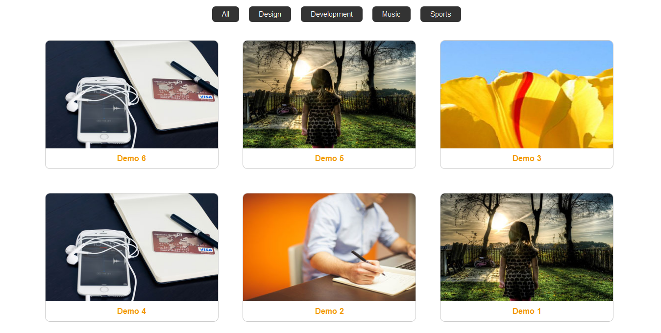Displays how does it look on the website with filterable option in the top of the section.