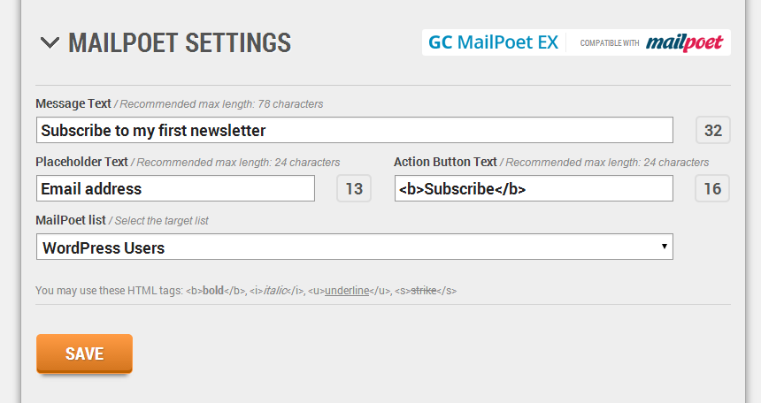 GC MailPoet EX embedded panel (in GC Message Bar or GC Message Box)
