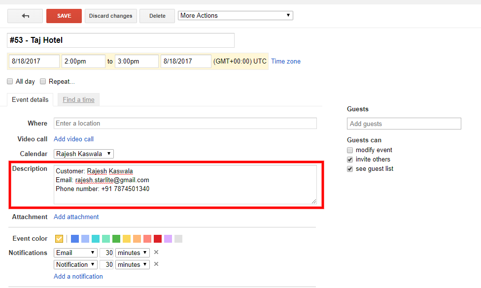 Example of description of event in google calender