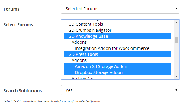 Selected forums search field
