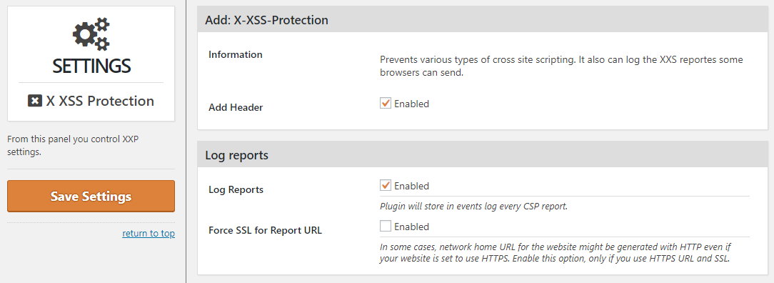 XSS Protection settings