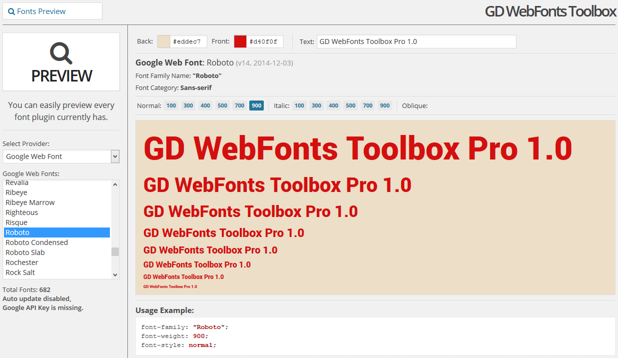 Web fonts preview panel