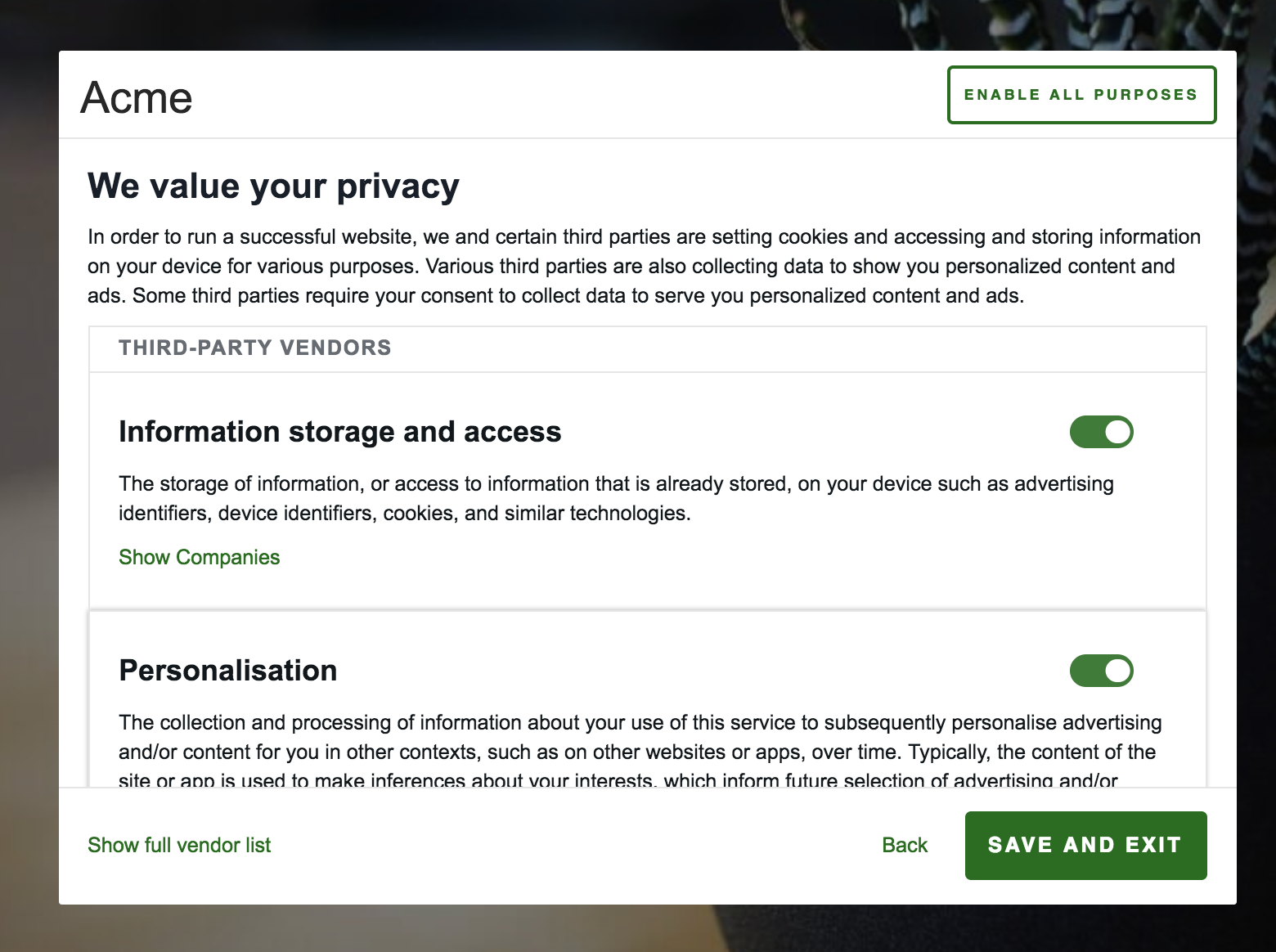Example of popup notifier for getting consent to store user data by company use.