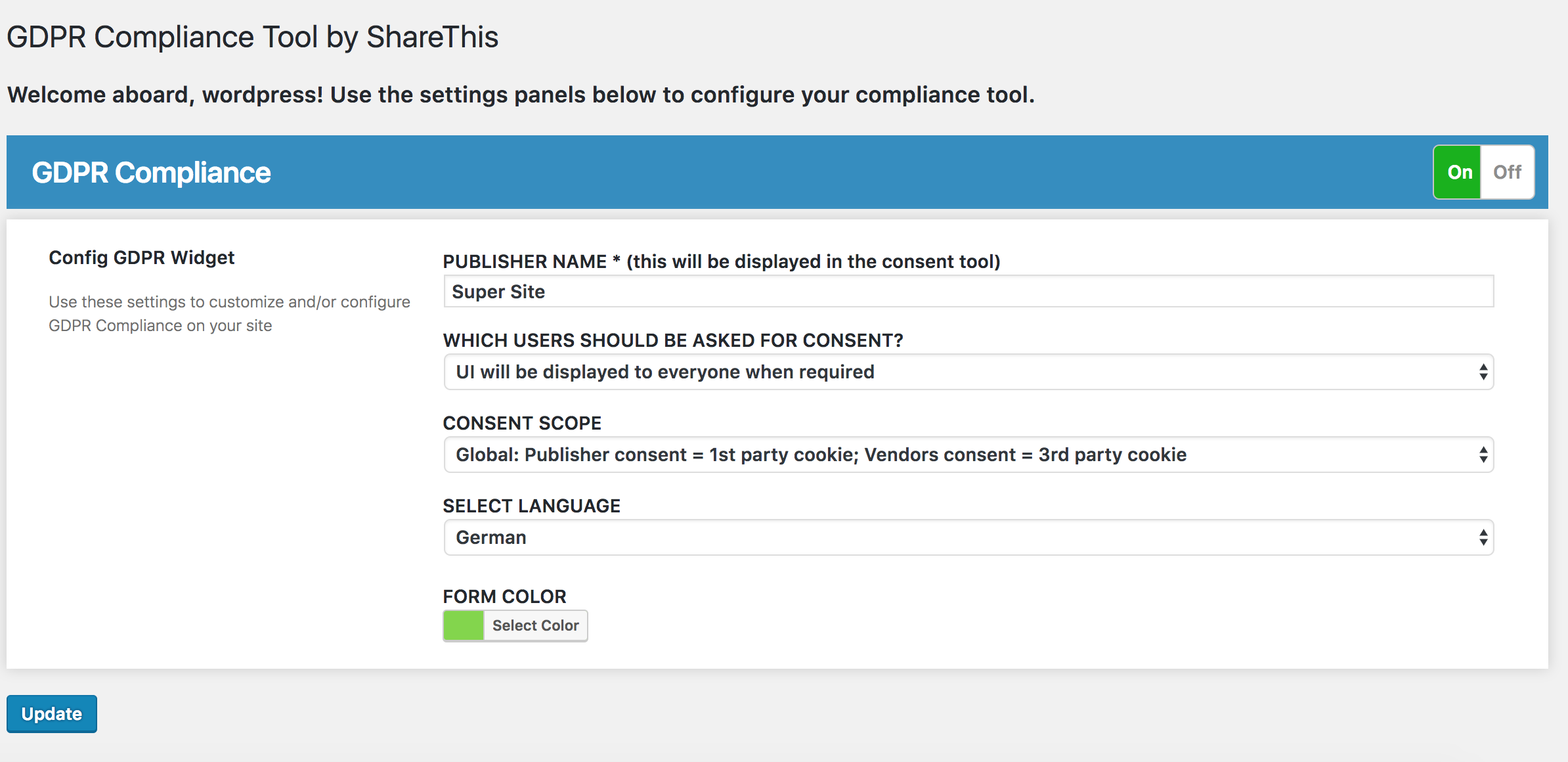 The WP admin options for you compliance popup.
