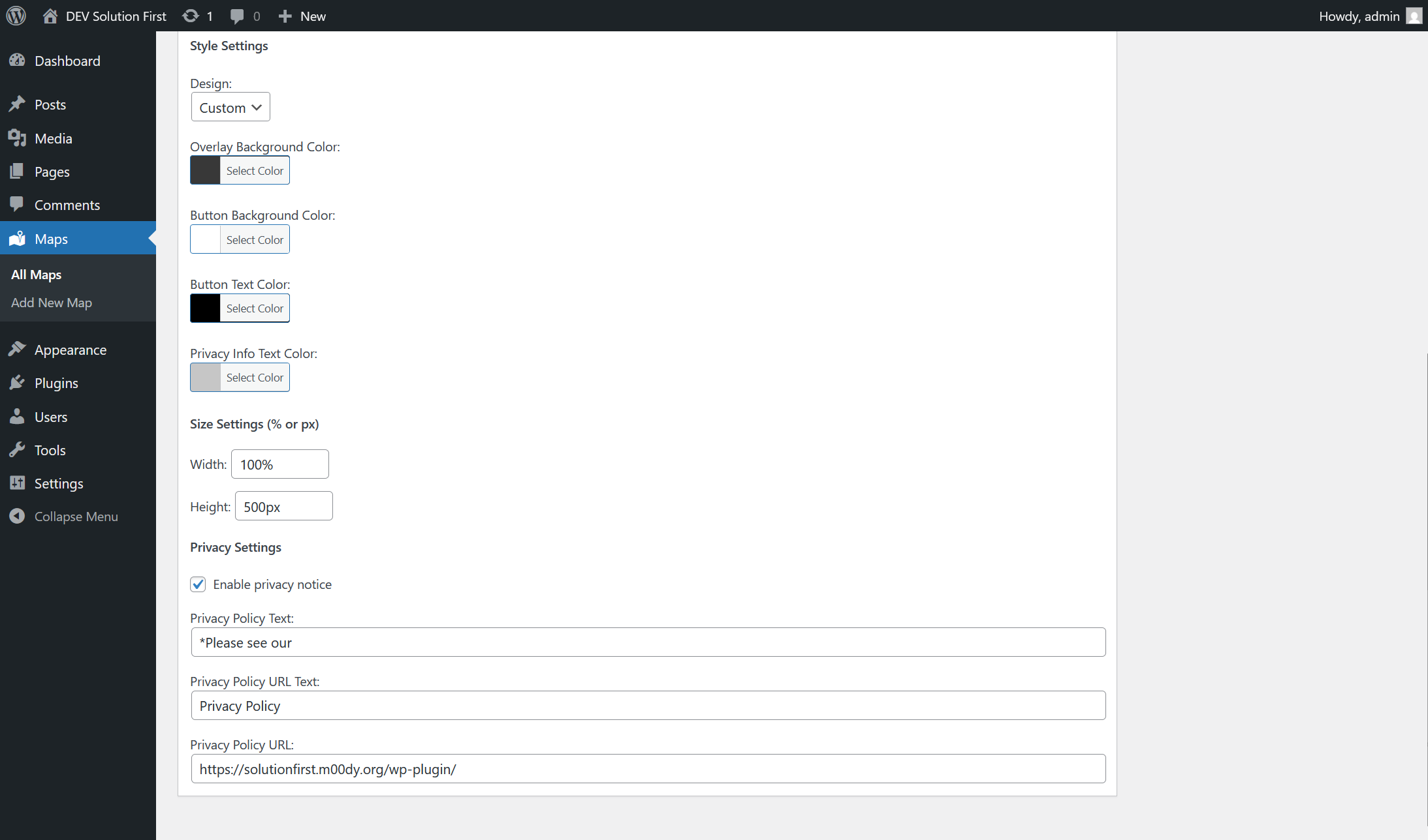 **Add/Edit map** screen with custom style settings, custom size settings, and custom privacy-option.