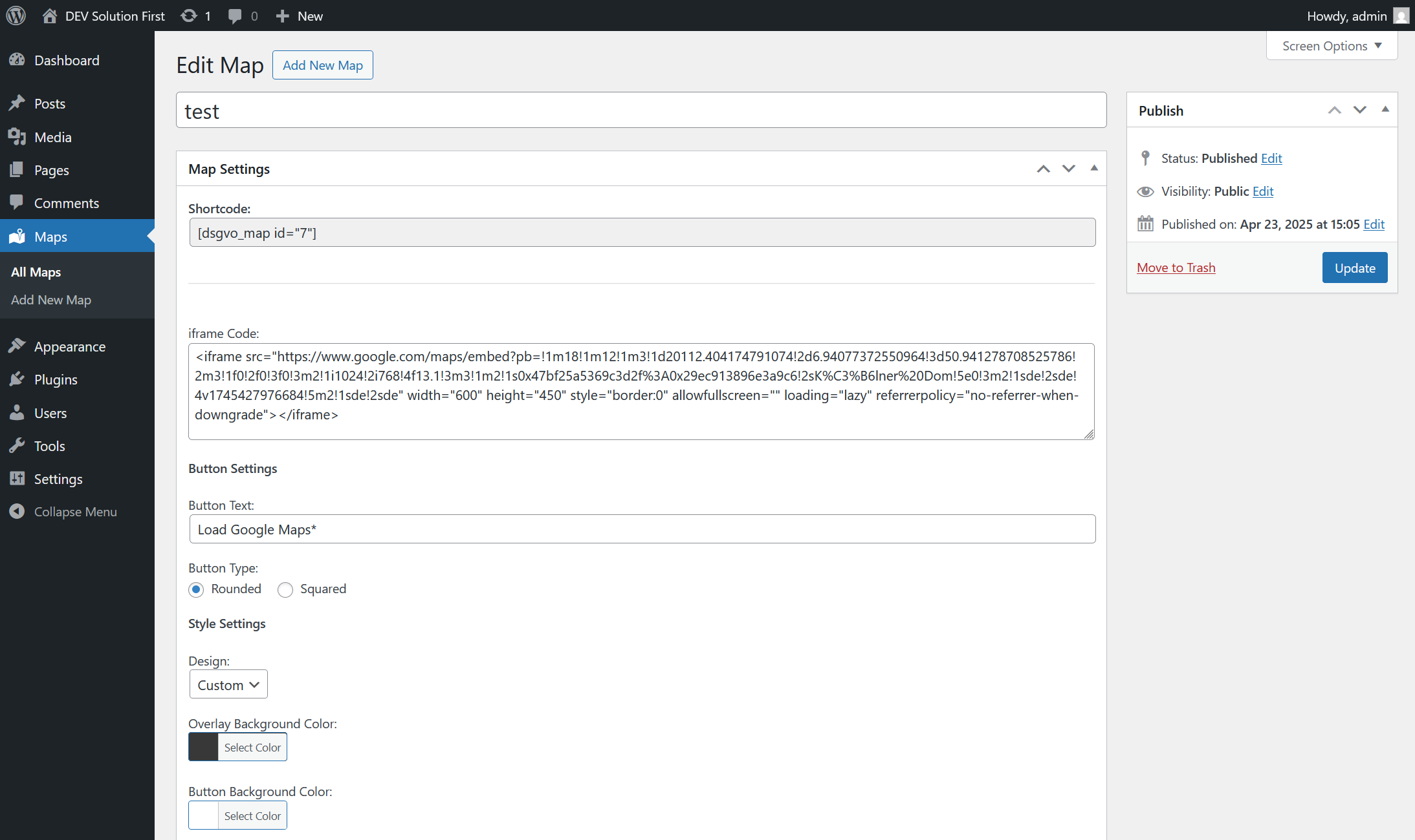 **Add/Edit map** screen with iframe input, custom button text, custom style settings and custom size settings.