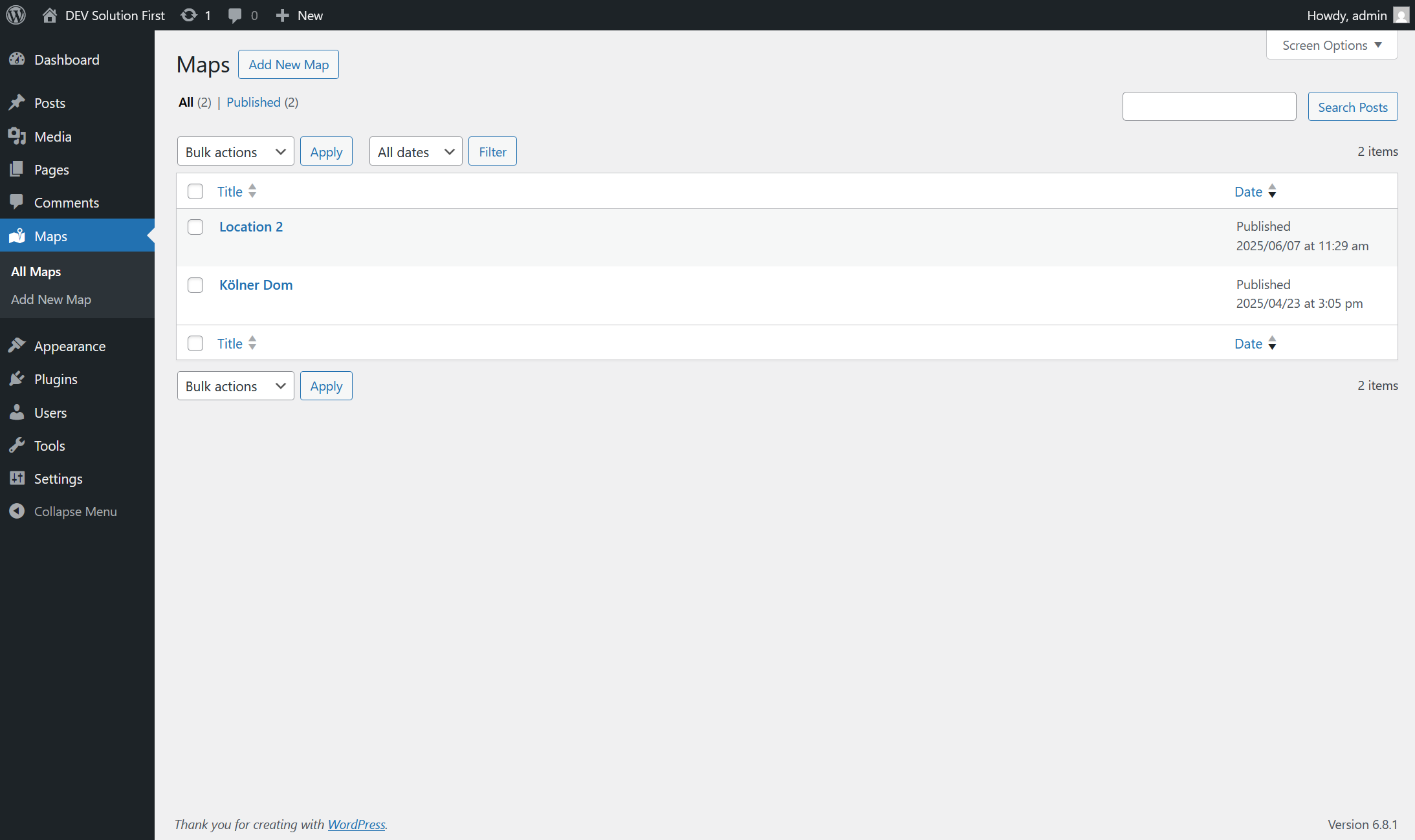 **Main admin screen** showing the list of maps.