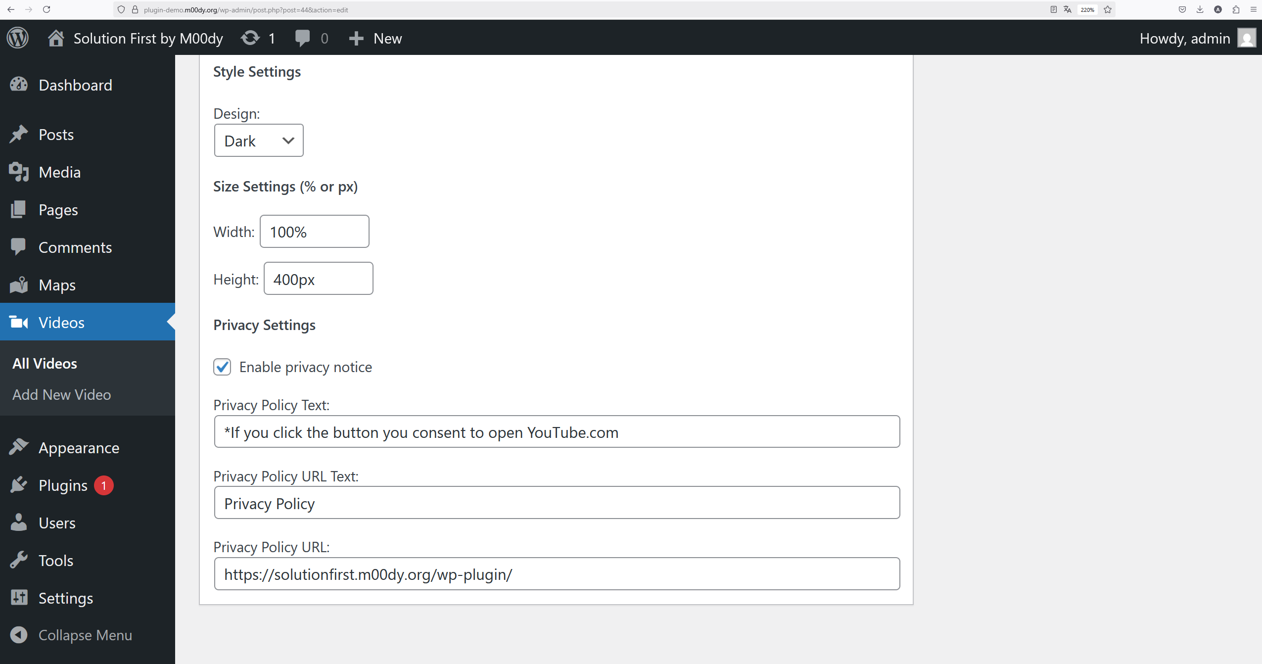 **Add/Edit Video** screen with custom style settings, custom size settings, and custom privacy-option.