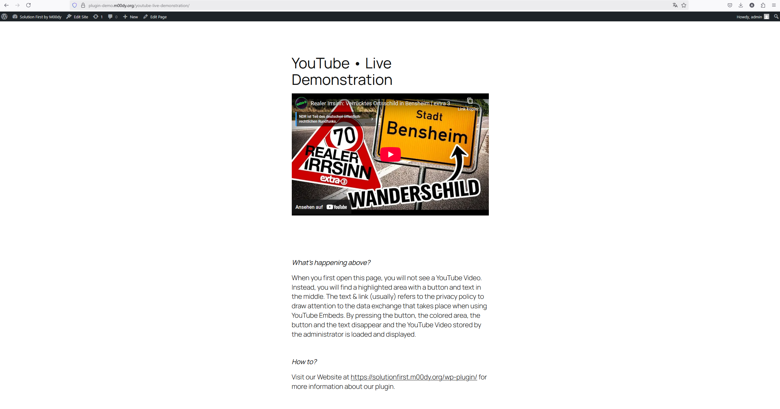 **Frontend** example showing the final YouTube Video after click on the consent button.