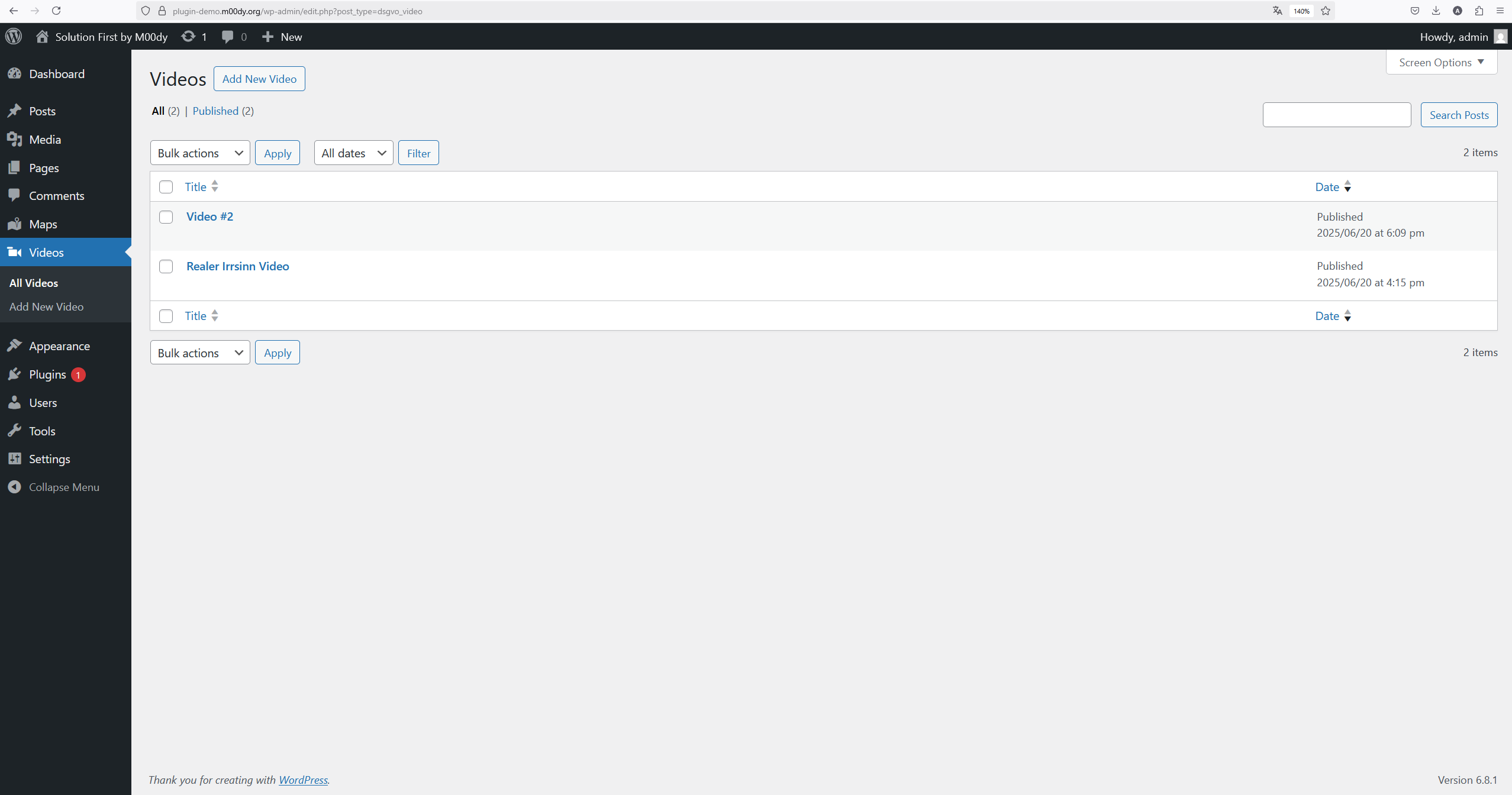 **Main admin screen** showing the list of videos.