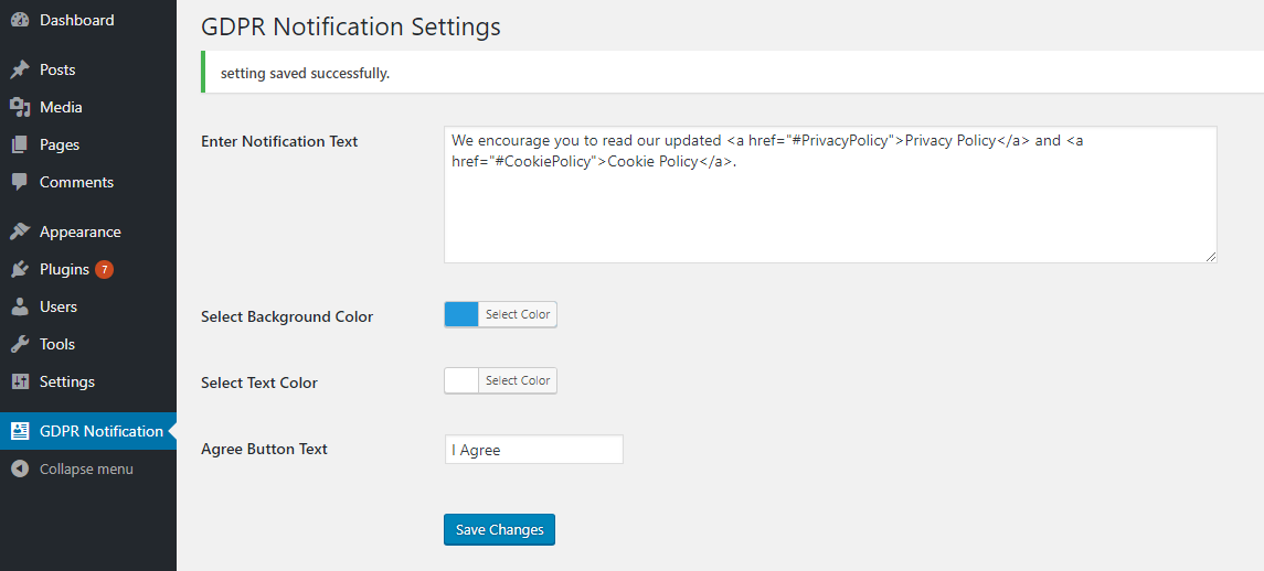 **GDPR Notification Configuration Save Setting**: Save setting with success message.