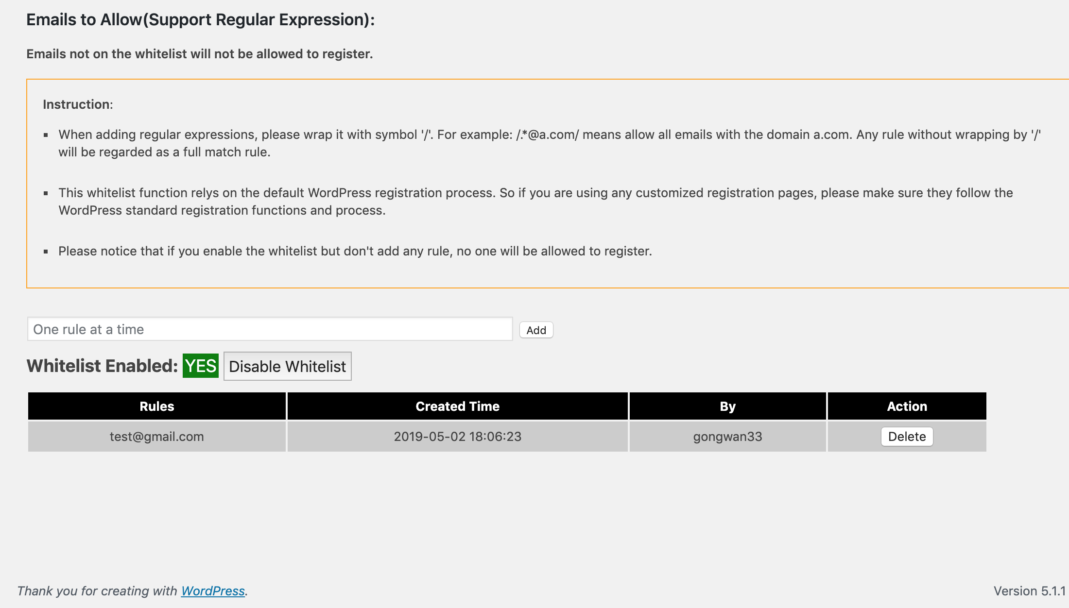 Settings page