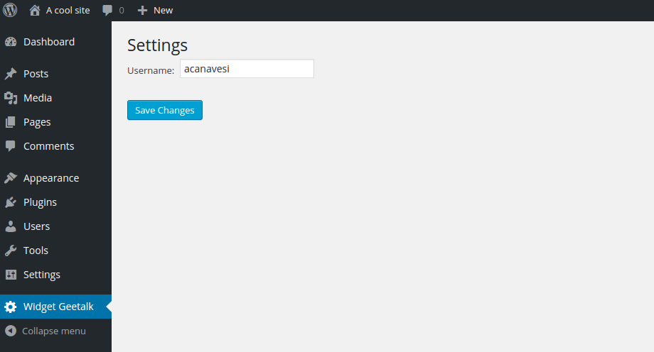 Here you just specify your Geetalk username. Once you submit this info to the plugin, the Geetalk public chat widget will appear in your site. Remember to register (for FREE) in https://geetalk.com/connect before.