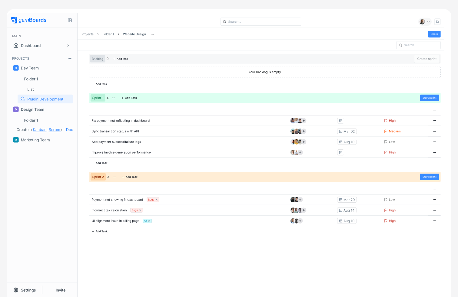 Sprint backlog and active sprint task list