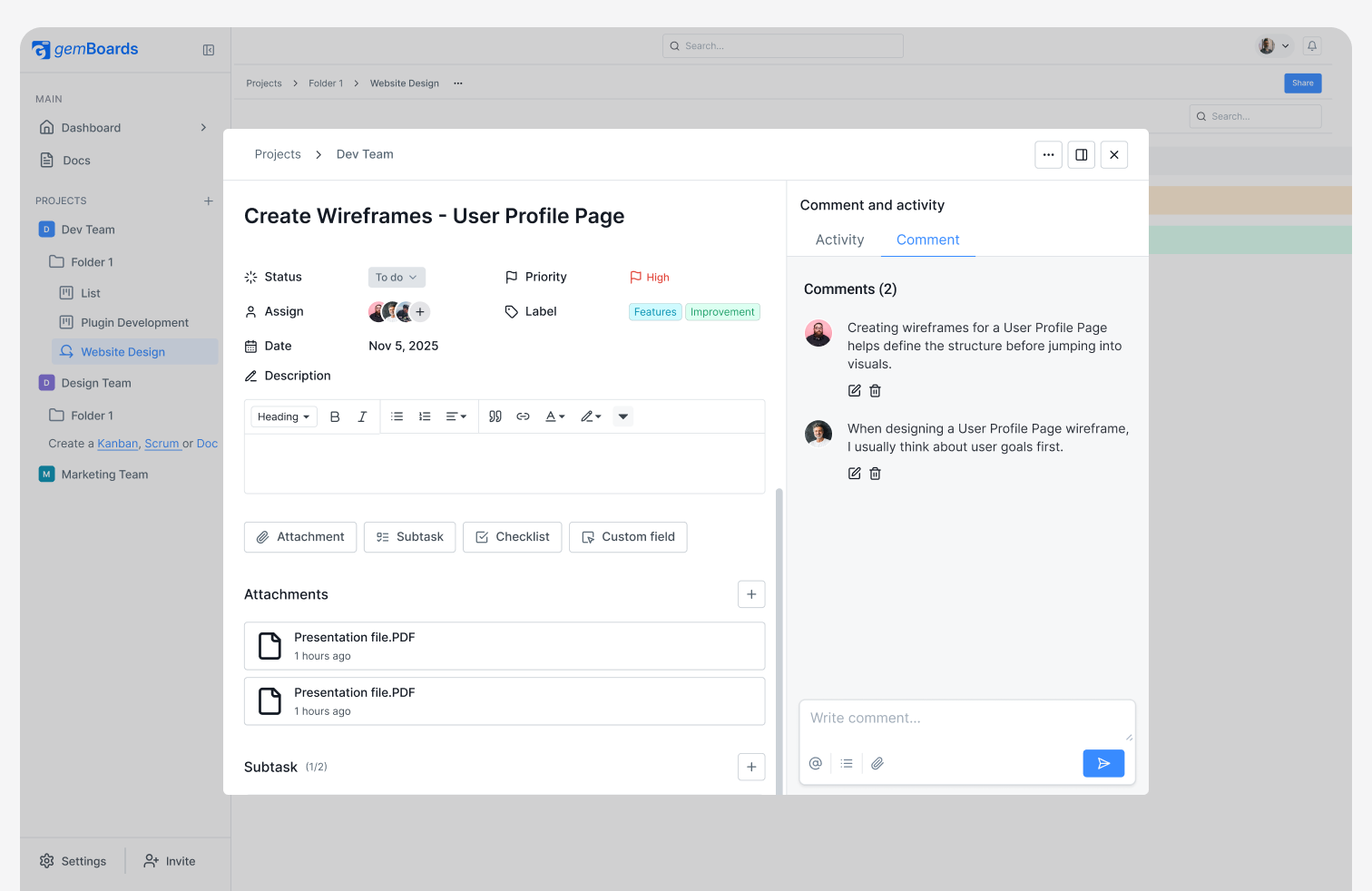 Task details with comments, files, and checklist
