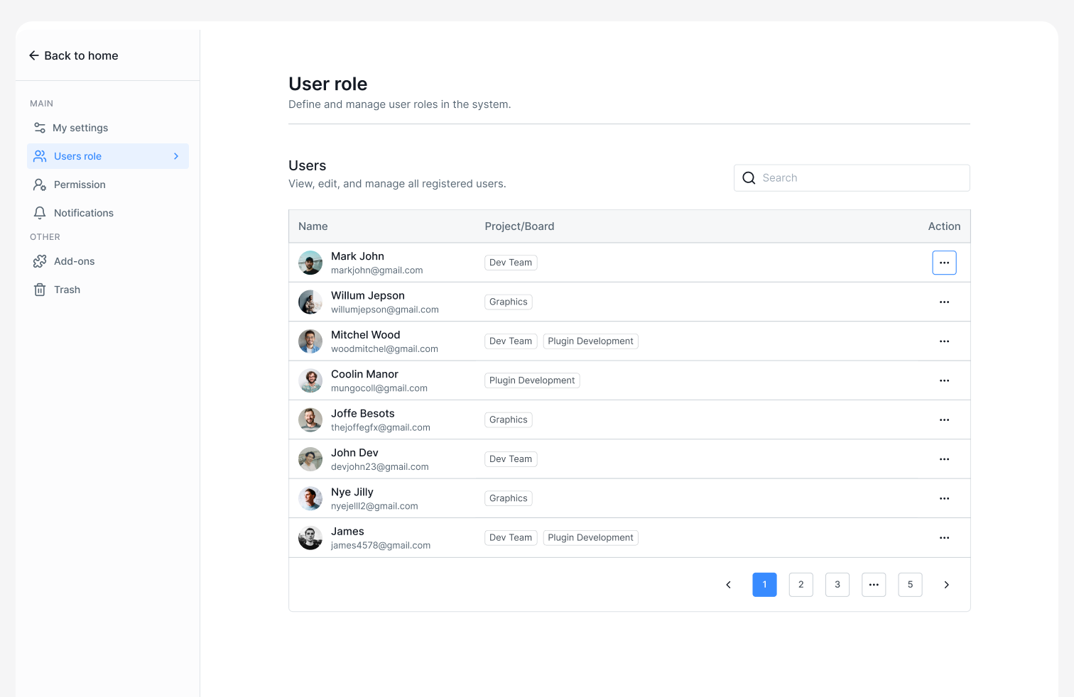 User role and project assignment settings