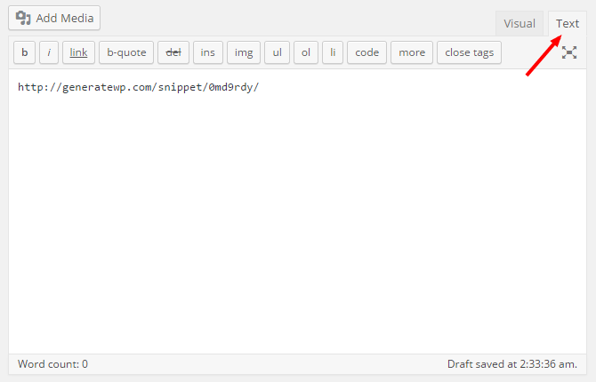 Pasting snippet URL to the text editor.
