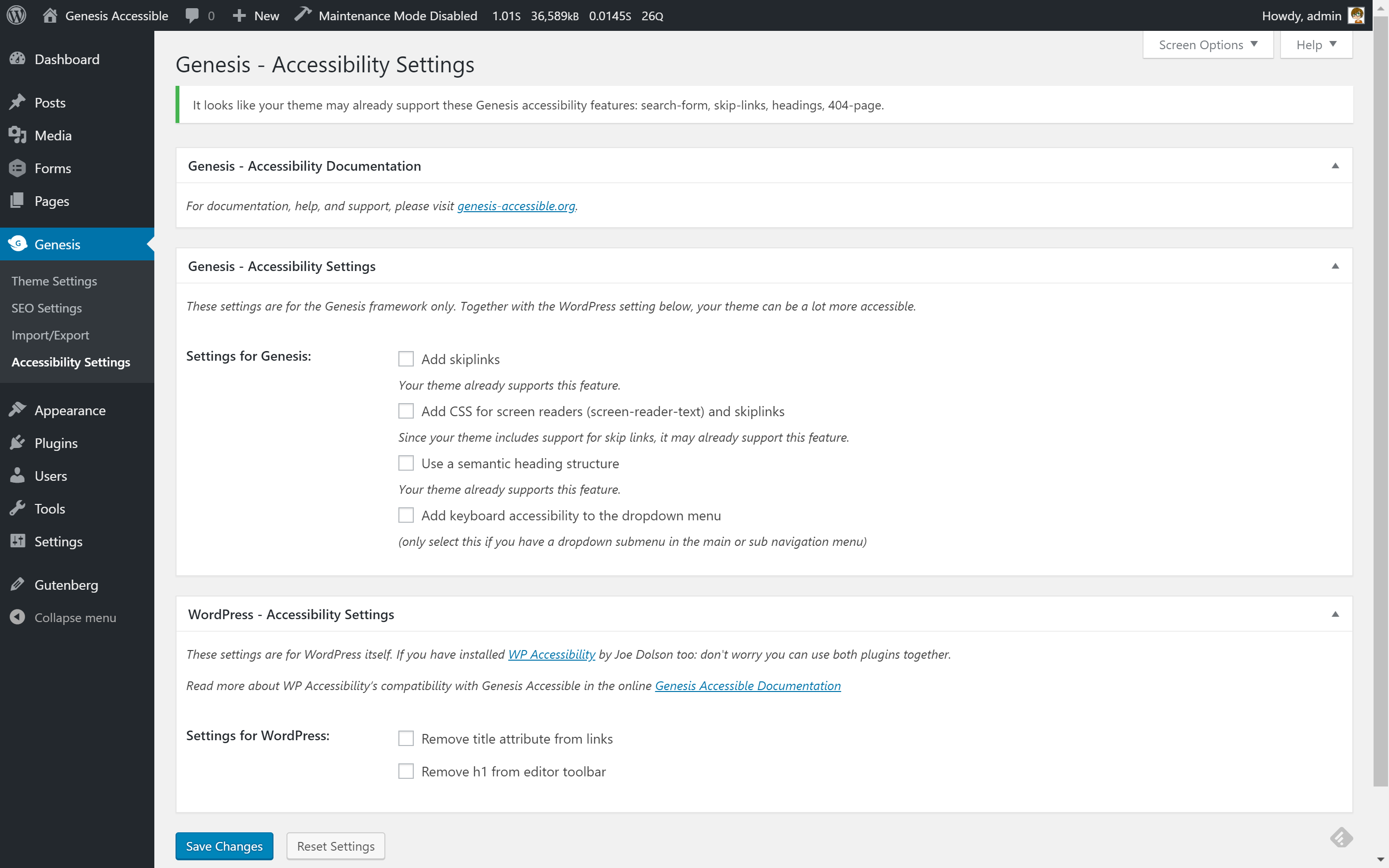 Screenshot of the Genesis Accessible settings page