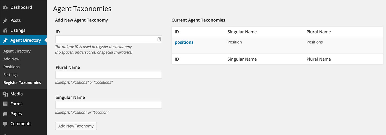 Register Taxonomy screen for Agent Profiles