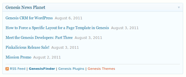 Genesis Dashboard News: Dashboard widget with 5 news items ([Click here for larger version of screenshot](https://www.dropbox.com/s/p0f8lamq262whrx/screenshot-1.png))