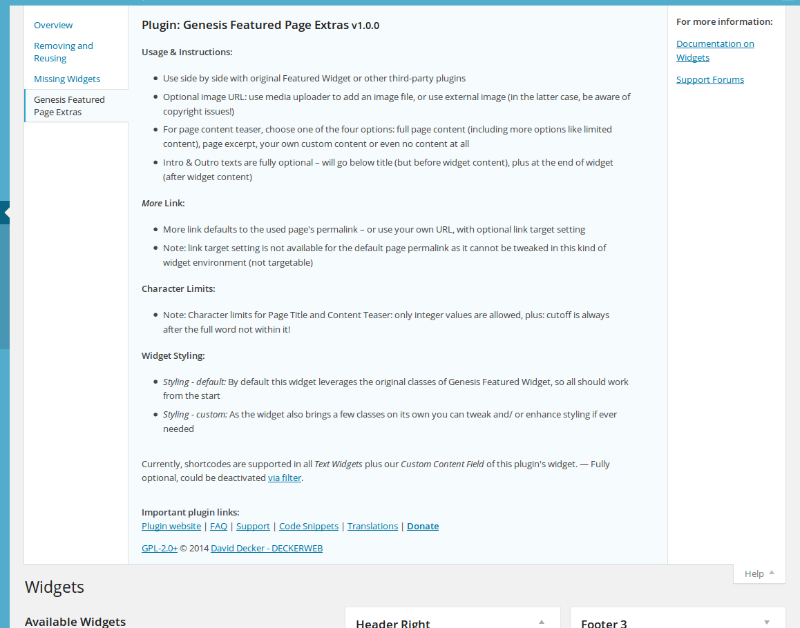 Genesis Featured Page Extras: plugin's help tab. ([Click here for larger version of screenshot](https://www.dropbox.com/s/x6k79n00qt5zfak/screenshot-4.png))