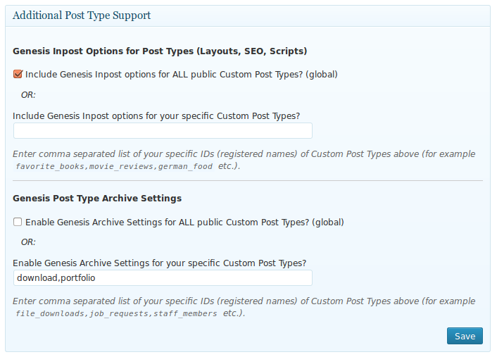 Settings meta box for additional post type support - for public post types and/or ones with 'archive' support