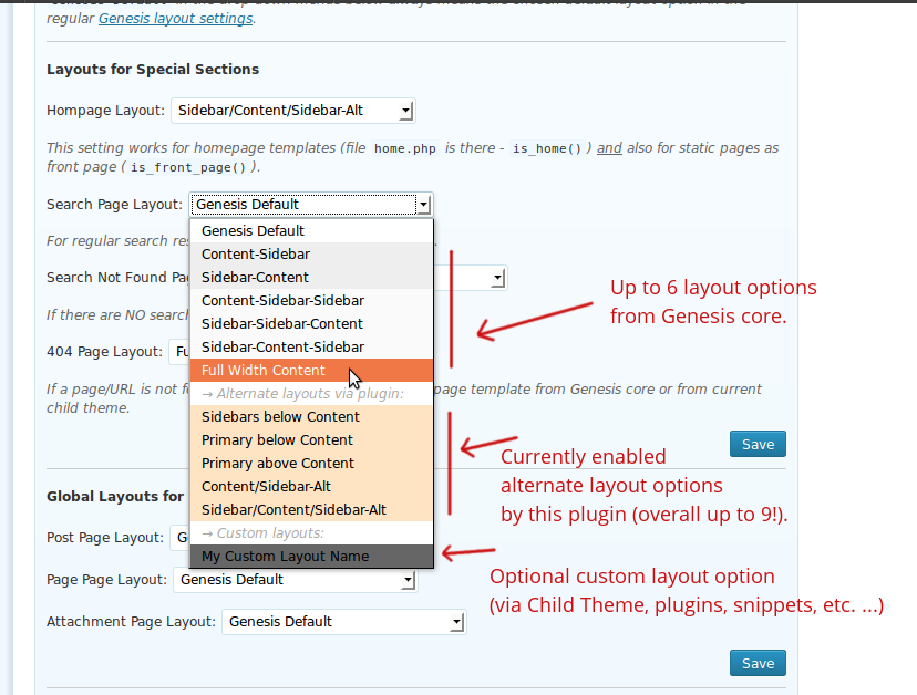 Select a default layout option for various sections, CPTs etc. -- via the drop-down menu