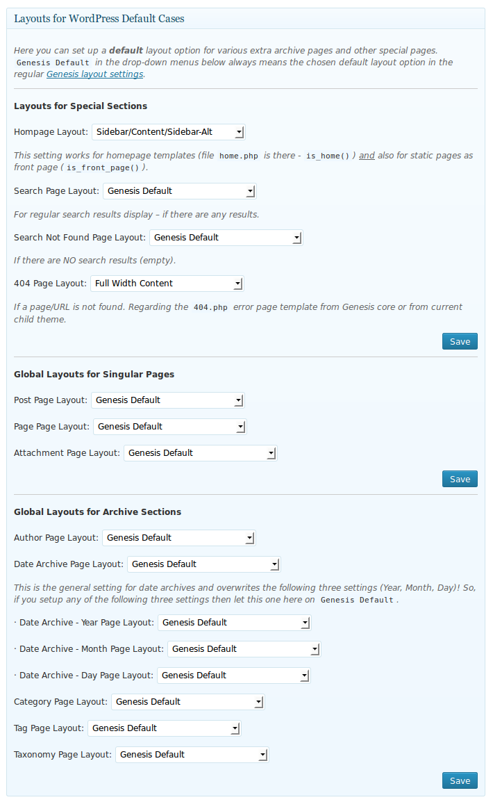 Set a default layout option for lots of WordPress' default cases/ pages/ views