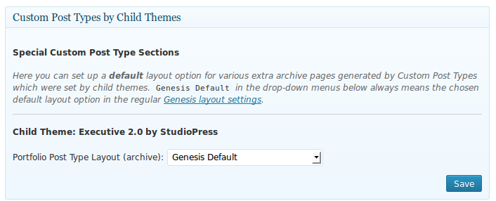 Supported custom post types by child themes -- just an example for "Executive 2.0" child theme (there are many more included, see 'Description'!)