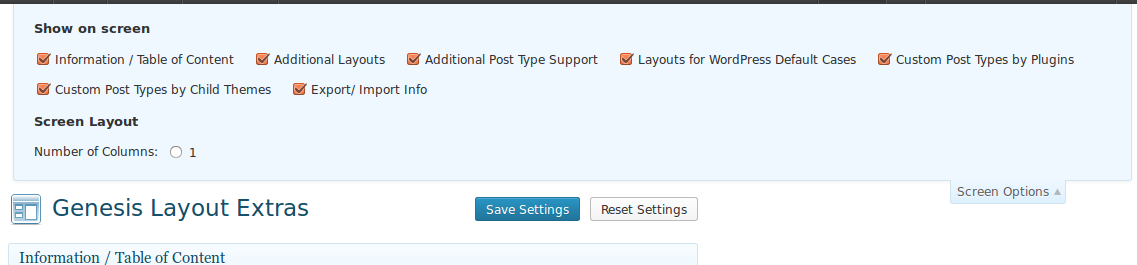 Manage the display of the settings page meta boxes via "Screen options" tab on top right corner