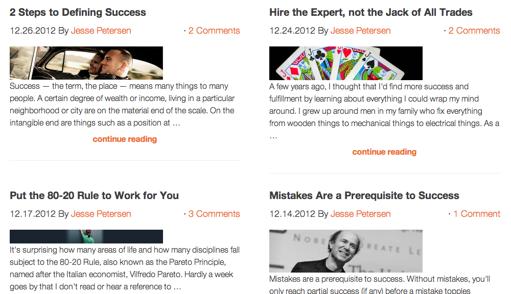 An example homepage with featured images at "banner" aspect ratios are varying and very hard to see.