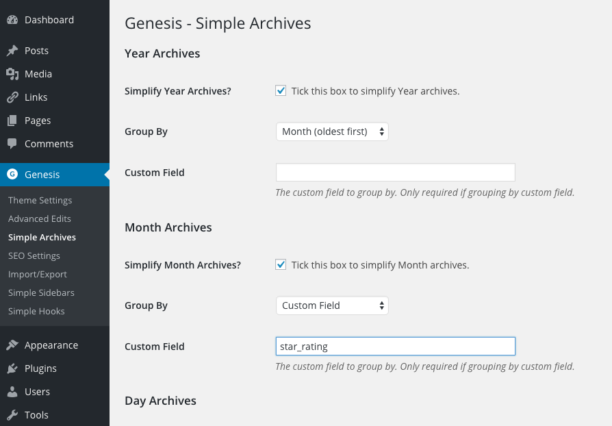 Genesis Simple Archives settings page