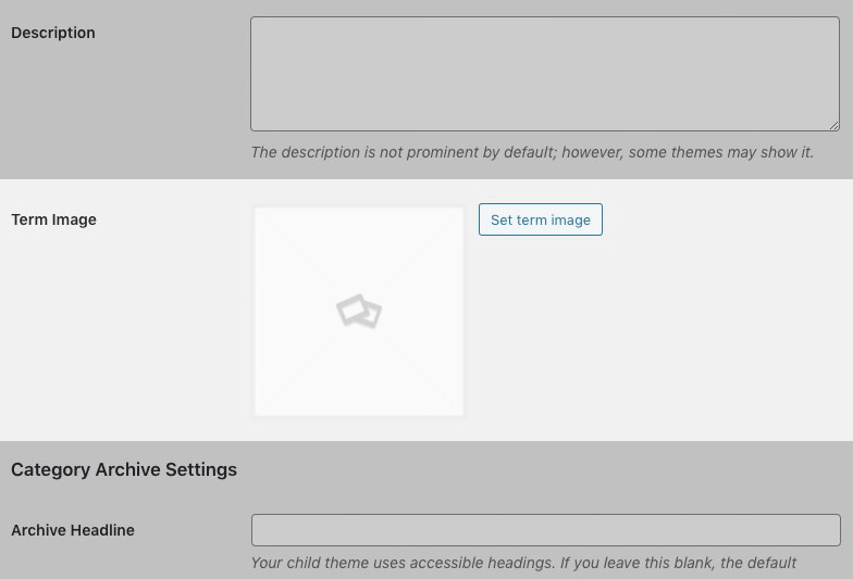Term edit screen, A new section (highlighted) is added to allow an image to be managed for the term.