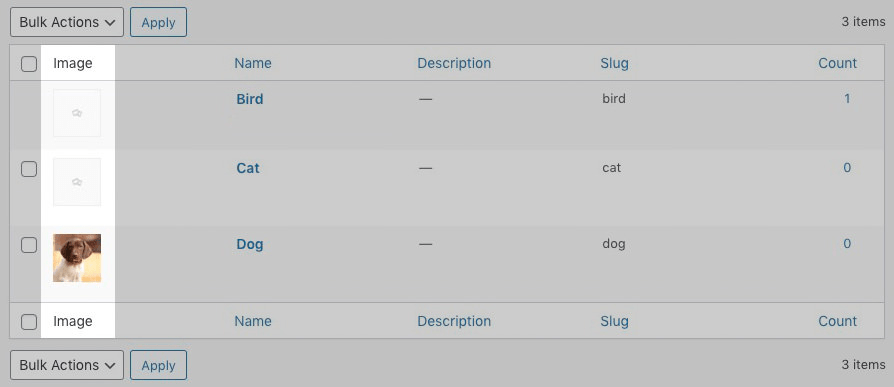 Taxonomy admin screen. A new column (highlighted) as it appears after an image has been assigned.