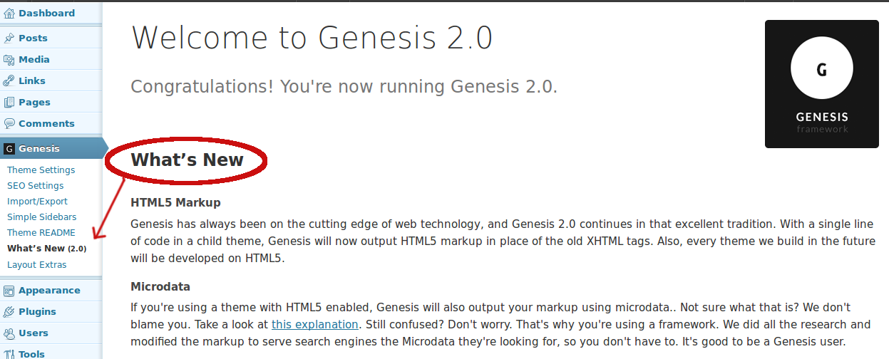 Genesis What's New Info: Left-hand admin menu: new item "What's New (<branch version>)". ([Click here for larger version of screenshot](https://www.dropbox.com/s/1pvf9xhk25zgrx0/screenshot-01.png))