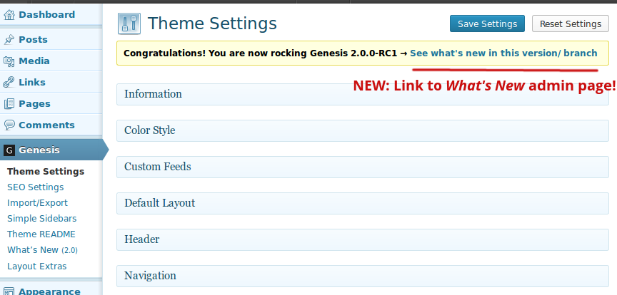Genesis What's New Info: New link to "What's New" page in upgrade notice. ([Click here for larger version of screenshot](https://www.dropbox.com/s/r0o9oyw3vo95el8/screenshot-02.png))