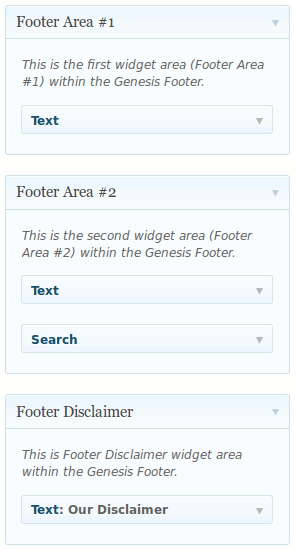 Genesis Widgetized Footer: two additional widget areas (sidebars) - here with some example Text Widgets placed in... ([Click here for larger version of screenshot](https://www.dropbox.com/s/1gctvhul6hk3zx7/screenshot-1.png))