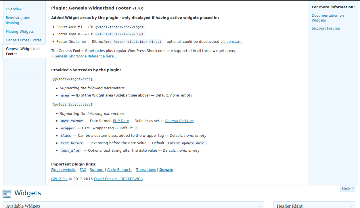 Genesis Widgetized Footer: plugin's help tab. ([Click here for larger version of screenshot](https://www.dropbox.com/s/wf9bmu0u09mje7f/screenshot-4.png))