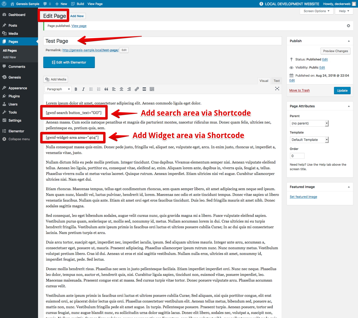 Live site: Shortcode from test page in action (Demo: Genesis Sample 2.6.0)