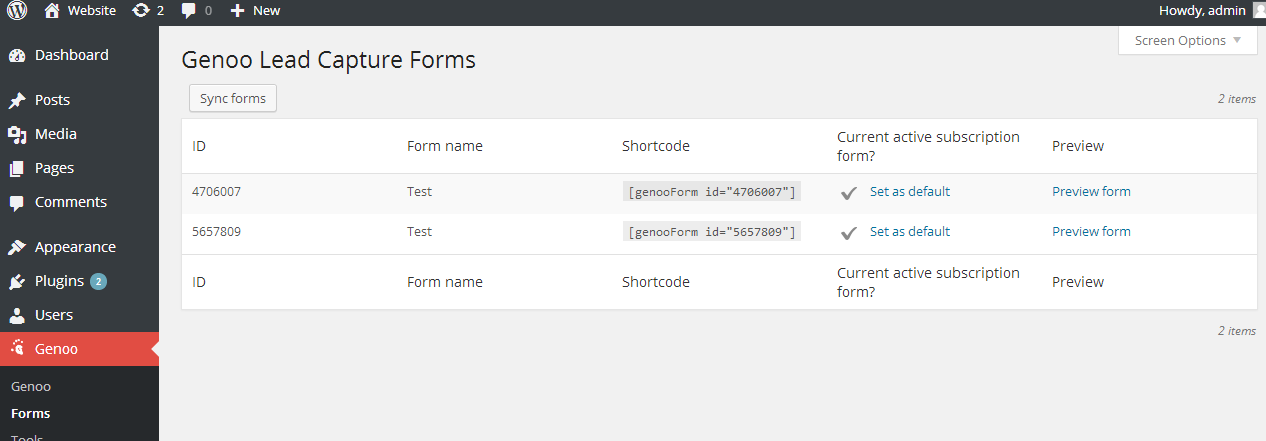 The External Forms you've created with your Genoo account are listed.  You select which one is the default "blog subscribe" form.  Using Shortcodes or our Widget to easily place the right form on the right page on your website ensures that all of your lead information resides in your Genoo account's centralized lead database, allowing you to automate actions and follow-up effectively.
