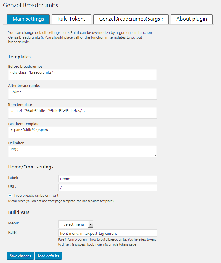 Genzel breadcrumbs main settings page