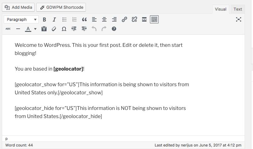 Shortcodes of the plugin in post's edit screen.
