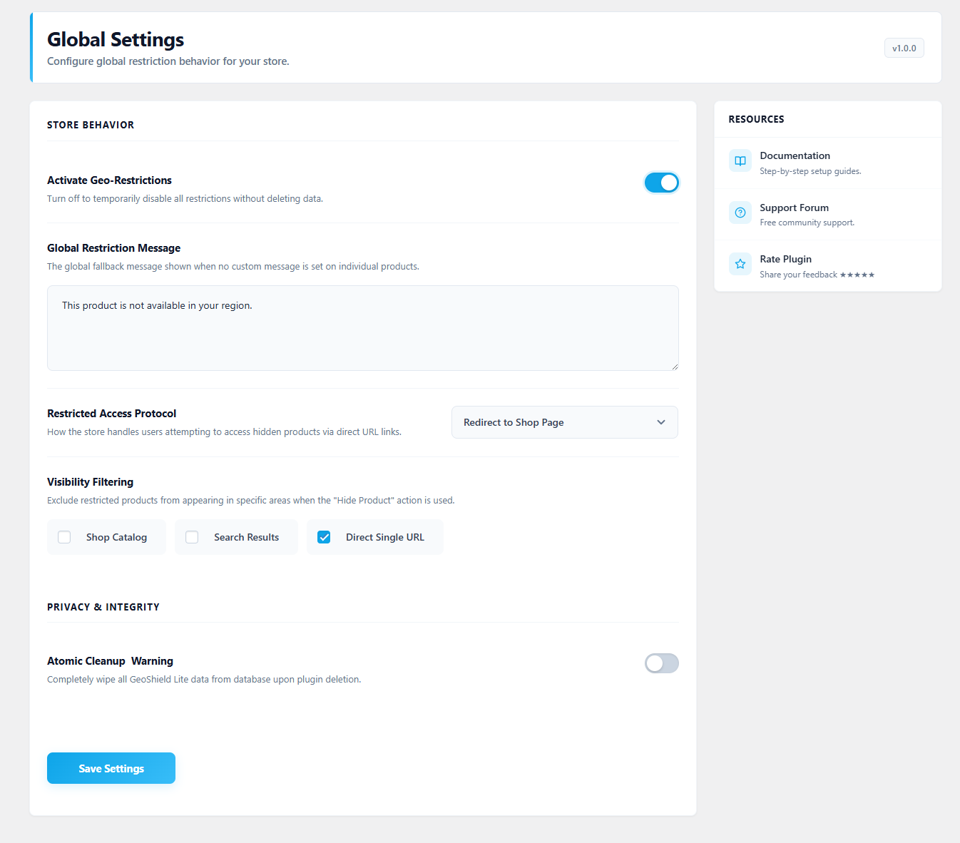 **Global Settings** — Configure global restriction behavior and messages.