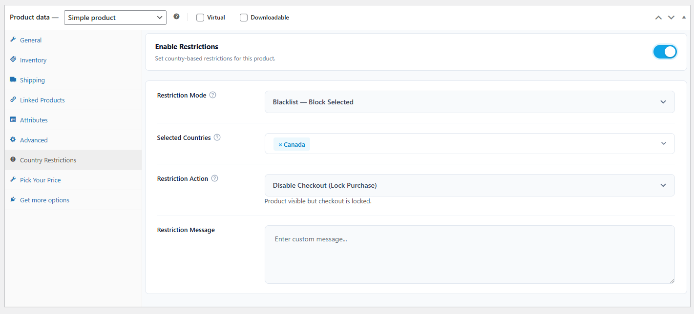 **Product Settings** — The Country Restrictions tab within the product editor.