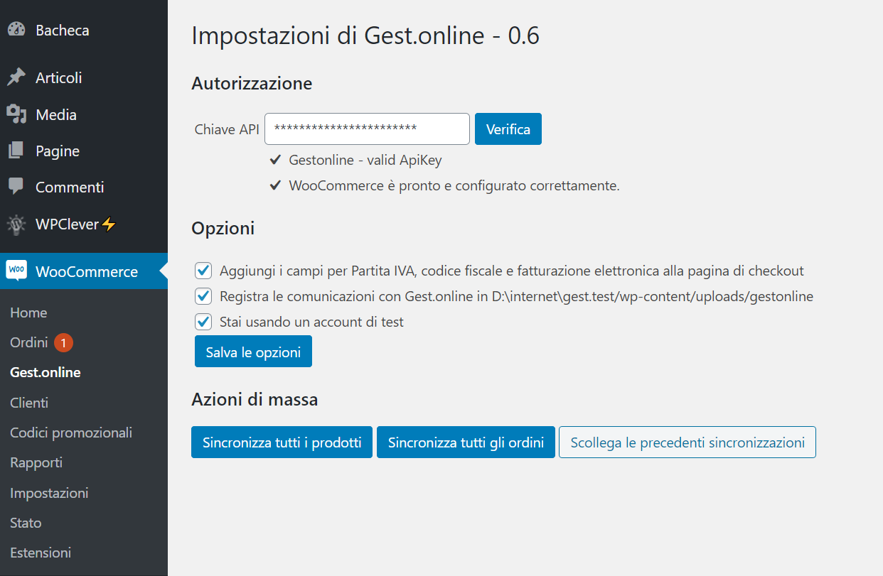 La pagina delle impostazioni del plugin