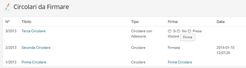 Finestra di gestione delle circolari da firmare