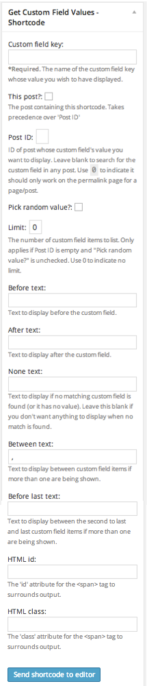 Screenshot of the plugin's shortcode builder (not available in the block editor, aka Gutenberg).
