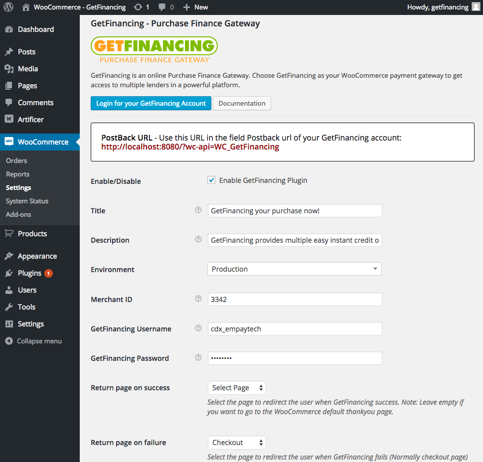 GetFinancing WooCommerce configuration panel